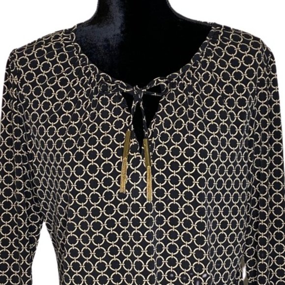 Michael by Michael Kors Blouse Womens Large Geometric Peasant Top Black Tan - Picture 3 of 14